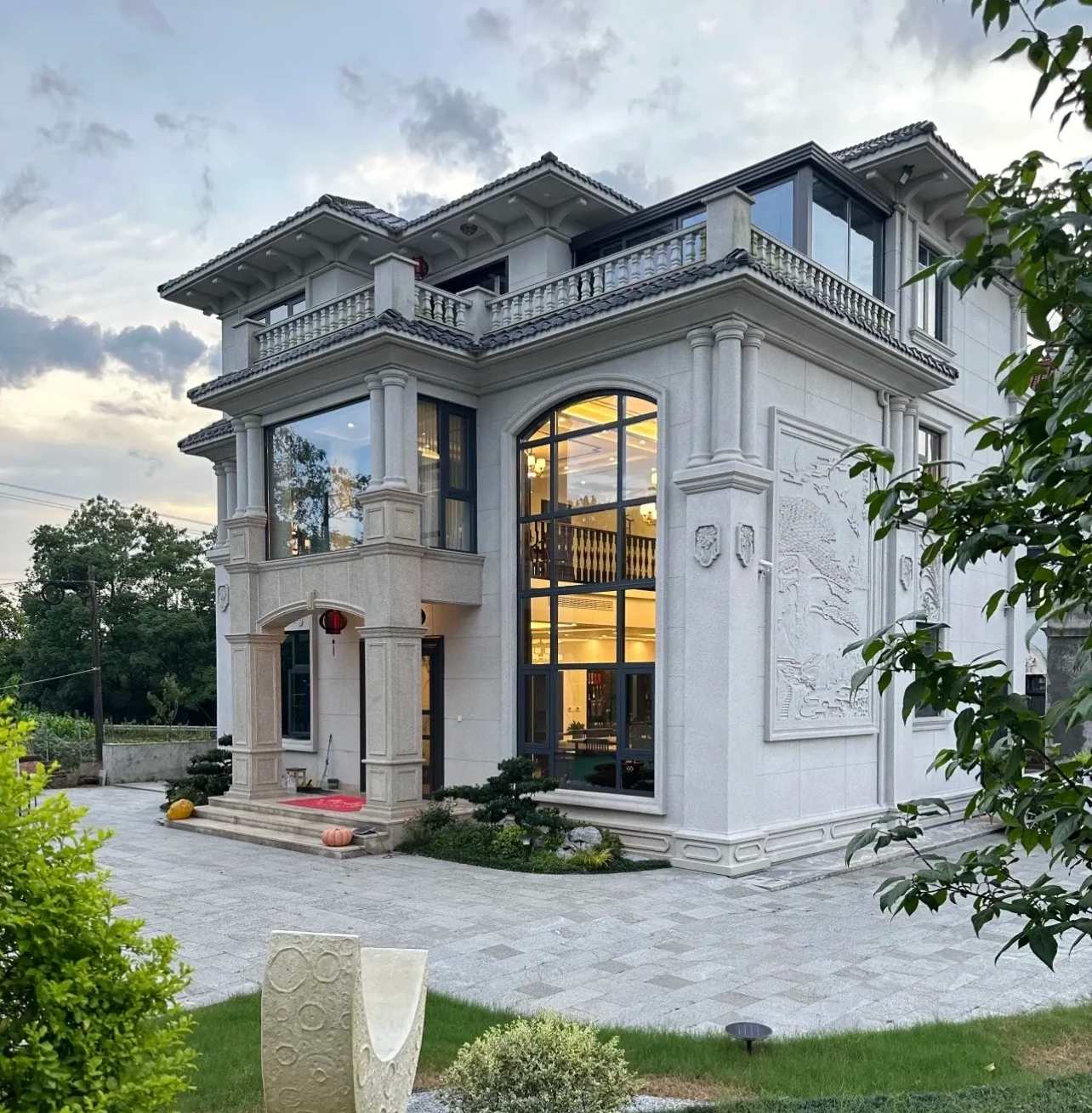 鸡西 白麻花岗岩私人别墅干挂石材豪华定制